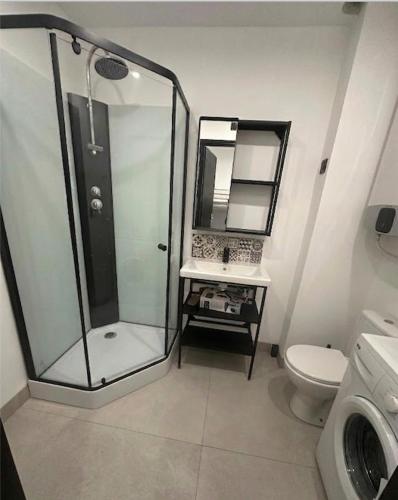 a bathroom with a shower and a toilet and a sink at Sublime Sanary plage in Sanary-sur-Mer