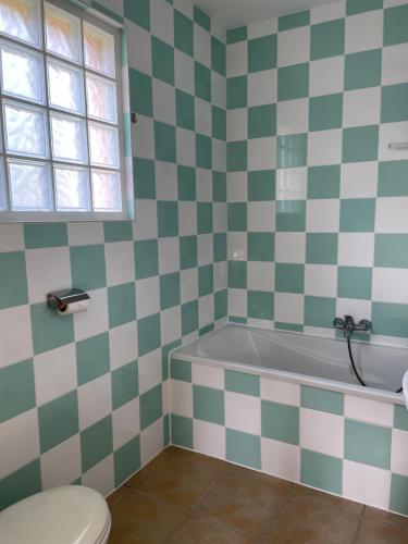 a bathroom with a bath tub and a toilet at French country home II in Les Forges