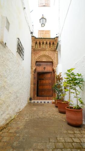 a large wooden door in a building with potted plants at Riad AYA in Rabat