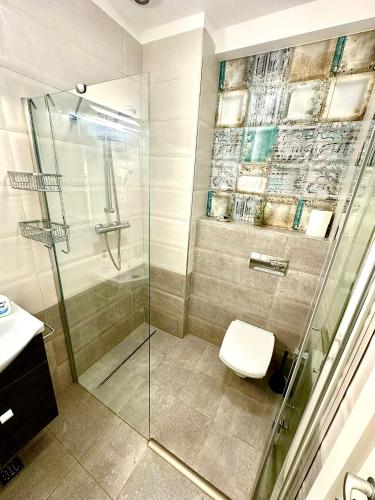 a bathroom with a glass shower and a toilet at Mario Summerland Property in Mamaia