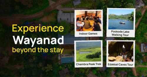 a collage of photos with the words experience wayward beyond the stay at The Hosteller Wayanad, Vythiri in Vythiri