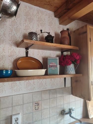 a kitchen with wooden shelves on the wall at Glas house Aljmaš in Aljmaš