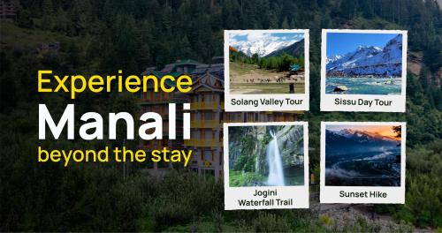 a collage of pictures of a mountain and the words experience manual beyond the stay at The Hosteller Old Manali, Manu Temple in Manāli