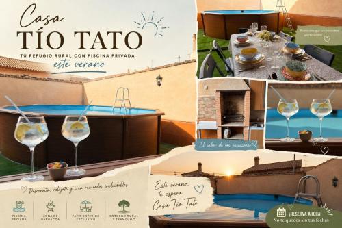 a collage of photos of a restaurant with wine glasses at Casa Tío Tato , cerca de Puy du Fou y Toledo in Polán