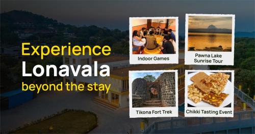 a collage of photos of lombok around the stay at The Hosteller Bam Lonavala, Tiger Point in Lonavala
