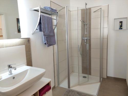 ein Badezimmer mit Dusche und Waschbecken in der Unterkunft FeWoMeißner in Wittingen