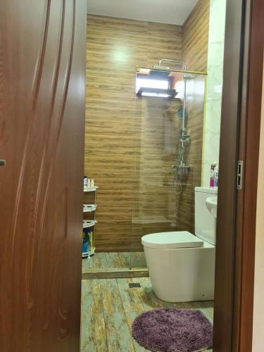 a bathroom with a toilet and a shower at MAG house in Shekhvetili