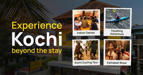 a collage of pictures with the words experience kotiki beyond the stay at The Hosteller Fort Kochi in Cochin