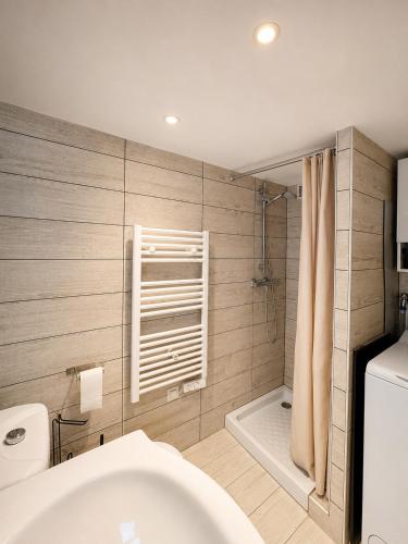 a bathroom with a white toilet and a shower at Charming Duplex by Vincennes Castle in Vincennes