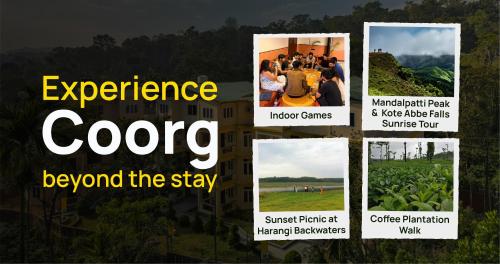 a collage of pictures with the wordsorate beyond the stay at The Hosteller Bam Coorg in Madikeri