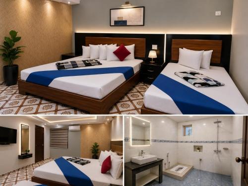 two pictures of a hotel room with two beds at Shelton Royal Hotel in Multan