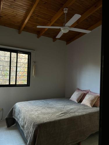 a bedroom with a bed with a ceiling fan at La Casita de Levene en Lobos in Lobos