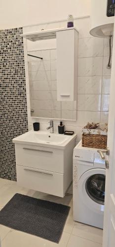 a bathroom with a sink and a washing machine at Lavanda Sea View Apartment Mali Lošinj in Mali Lošinj