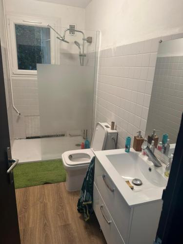a white bathroom with a toilet and a sink at Malkom house in Gien
