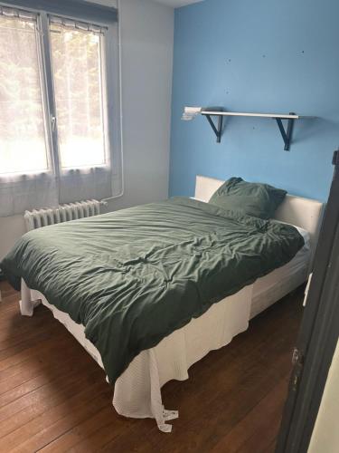 a bedroom with a bed with a green comforter and a window at Malkom house in Gien