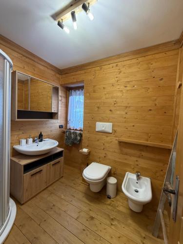 a bathroom with wooden walls and a toilet and a sink at Appartamento Val Di Roda in San Martino di Castrozza