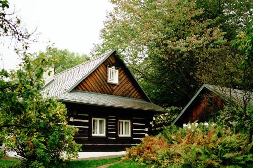 a small black house with a gambrel roof at Zenovna - Roubená chaloupka in Krásná