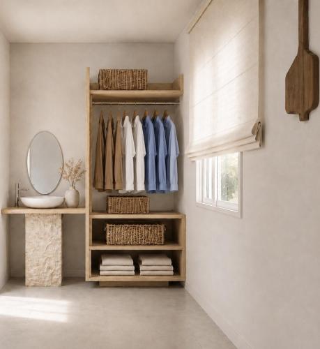 a dressing room with wooden shelves and a mirror at Sea Lily Suites Milos in Paleochori
