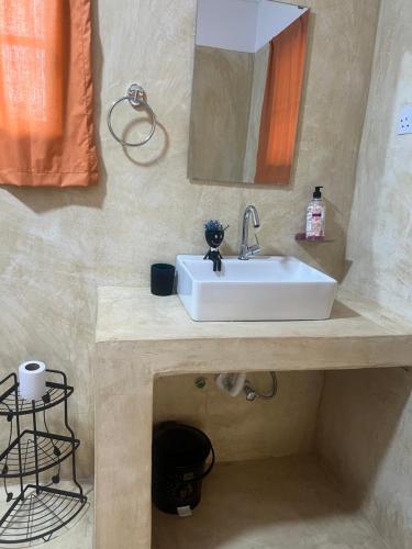 a bathroom with a sink and a mirror at One Love Garden Villas Paje in Kiganga