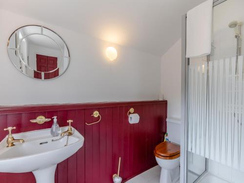 ein Badezimmer mit Toilette, Waschbecken und Spiegel in der Unterkunft Primula House in Sticklepath