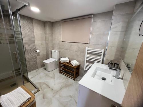 a bathroom with a toilet and a sink and a shower at BENILOVE en playa VUE MER Panoramique in Benidorm