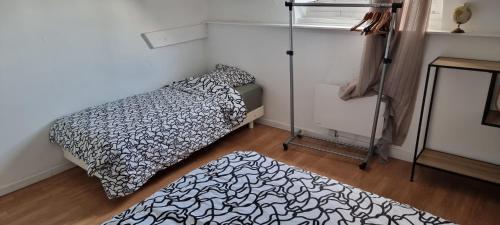 a bedroom with a bed and a rug on the floor at Appartement T2 Proche du CH d'Arras in Sainte-Catherine