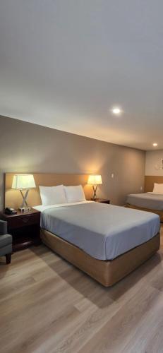a bedroom with a large bed and two tables and lamps at Parkway Motel & European Lodges in Pincher Creek