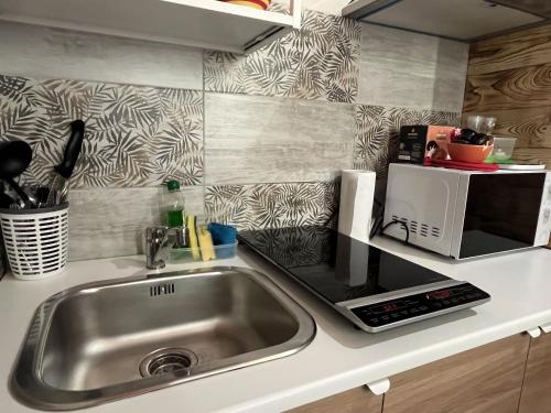 a kitchen counter with a sink and a microwave at Appartamento Grande Cervino - Il Lupo Affitta in Antey-Saint-André