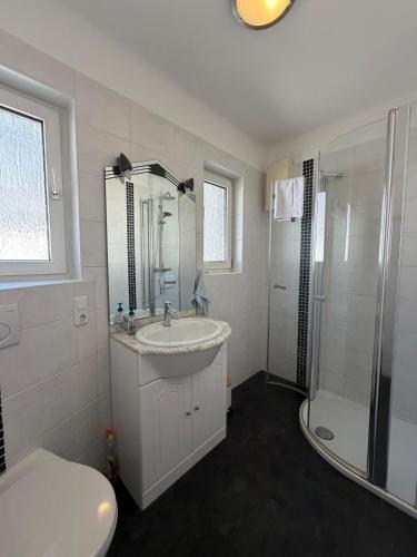 a bathroom with a sink and a shower and a toilet at Schöne Aussicht in Idar-Oberstein