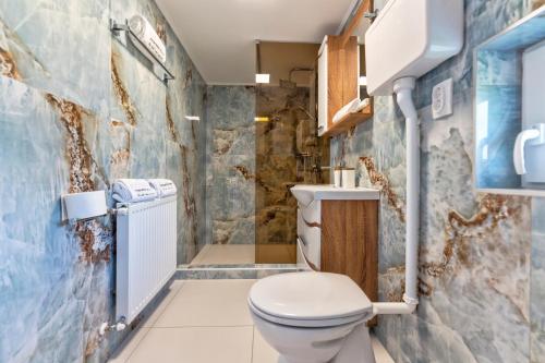a bathroom with a toilet and a shower at Evergreen Escape Apartment in Užice