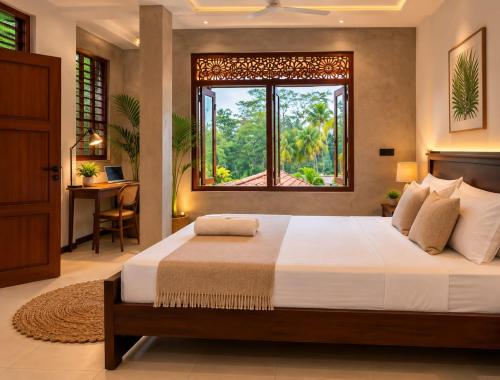 a bedroom with a large bed with a window at Ceylon Stays Hiriketiya in Nilwella