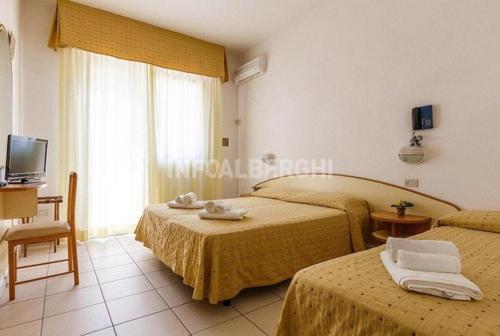 a hotel room with two beds and a television at Hotel New York in Cervia