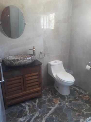 a bathroom with a toilet and a sink and a mirror at la casa del cerro in Olmué