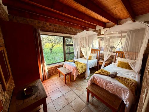 a bedroom with two beds and a window at Nghala Self-catering Holiday Home in Marloth Park