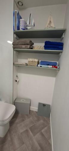 a small bathroom with a toilet and shelves at Sailor's Rest in Anstruther