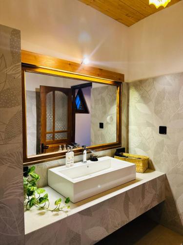 a bathroom with a sink and a large mirror at Eagle View villa in Ella