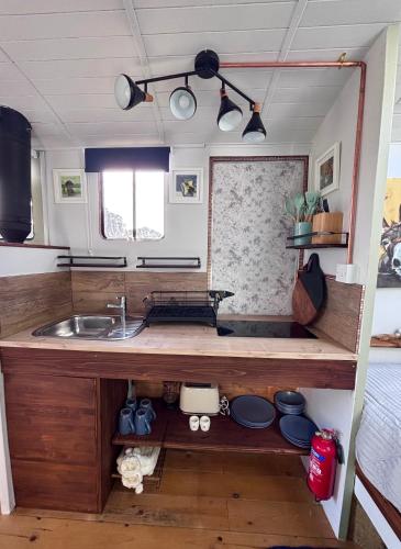 a kitchen with a sink and a counter top at The Carriage Lorry at Tilleys Glamping in Birchington