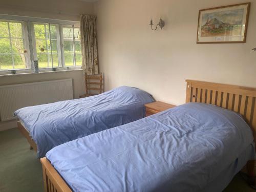 a bedroom with two beds with blue sheets and a window at Rectory Bungalow Holiday Apartment in Lower Brailes