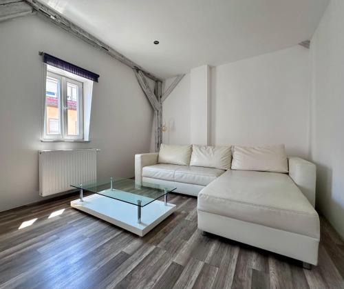 a living room with a couch and a glass table at Comfort in Bamberg