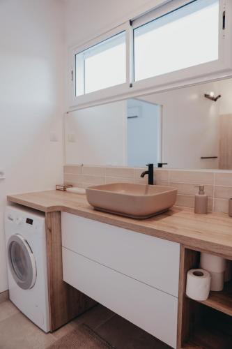 a bathroom with a sink and a washing machine at La petite villa in Le Gosier