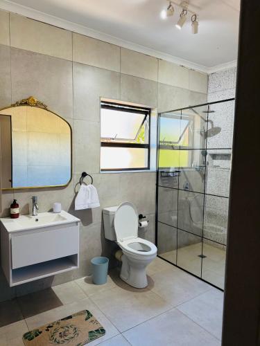 a bathroom with a toilet and a sink and a shower at The Leafy Stay in Rundu