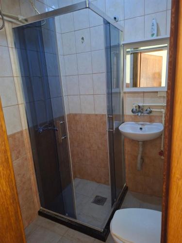 a bathroom with a shower and a toilet and a sink at Apartmani Lazić No 9 in Gracanica