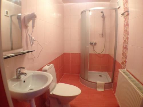 a bathroom with a sink and a toilet and a shower at Motelis Bu-Bu in Pļaviņas