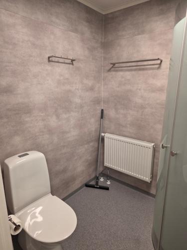 ein Badezimmer mit einer weißen Toilette und einem Heizkörper in der Unterkunft Örnsro Boende - Hus och rum in Skara