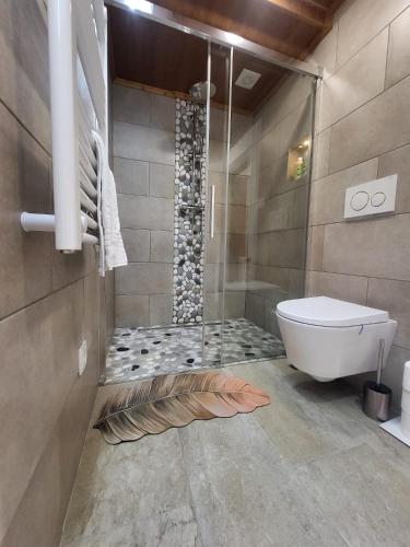 a bathroom with a shower and a toilet in it at Moinho da Quinta da Esperança in Ourém