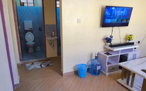 a bathroom with a toilet and a television on a wall at Snug Spot BnB-Mwea in Thiba