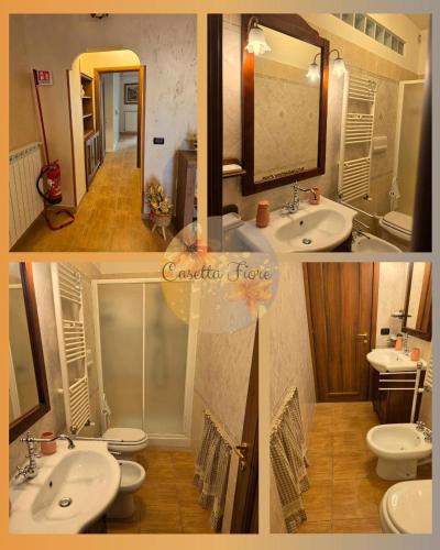two pictures of a bathroom with two sinks and two toilets at Casettafiore in Civitavecchia