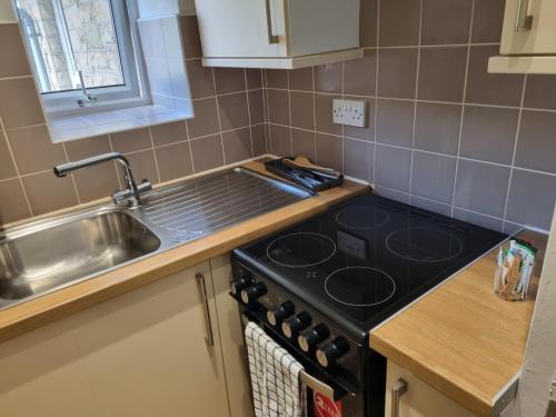a kitchen with a stove and a sink at Kingfield Boutique Hotel in Sheffield