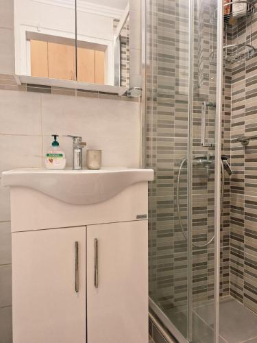 a bathroom with a sink and a shower at il tesorino di Corfu in Corfu