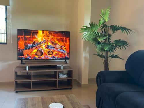 a television in a living room with a fire at Casa Alborada Bella Vista Itapúa in Bella Vista